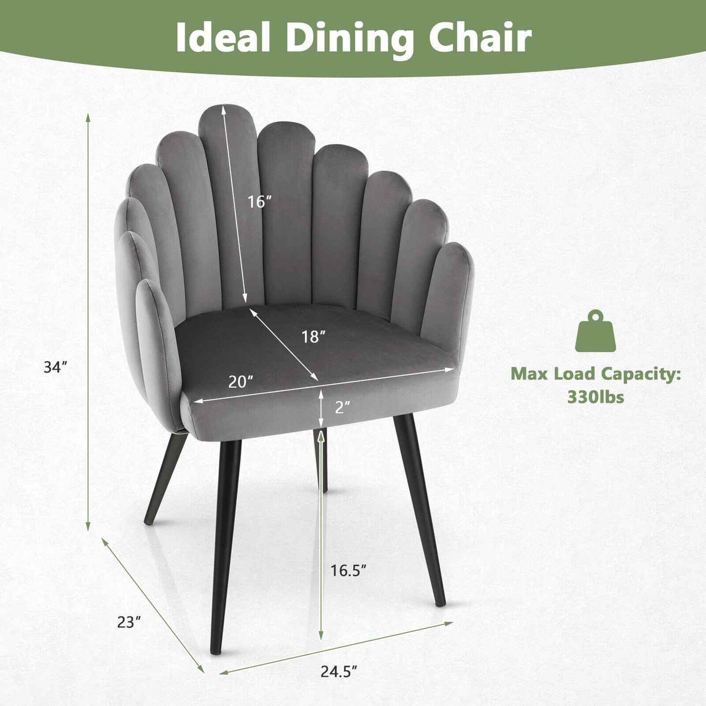 Elegant Velvet Dining Chair with Ergonomic Petal Backrest and Sturdy Metal Base - Grey