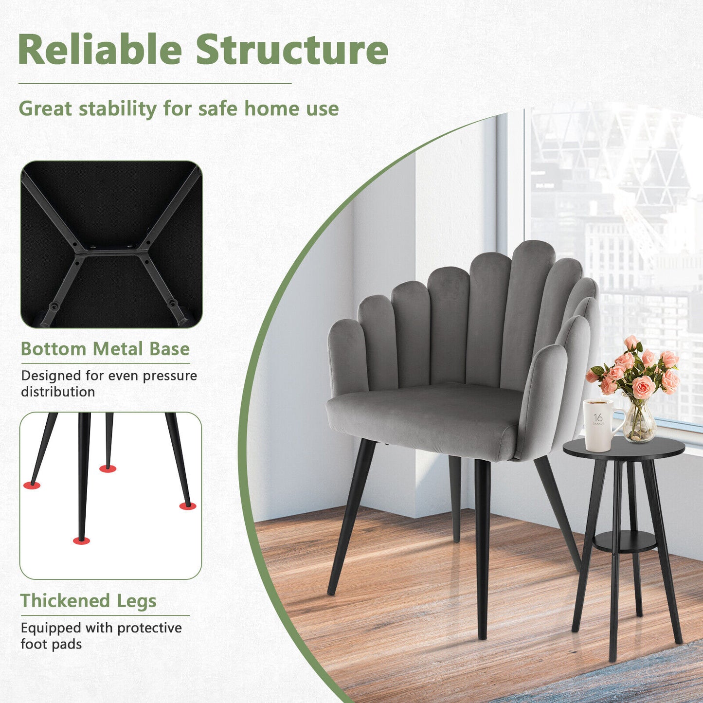 Elegant Velvet Dining Chair with Ergonomic Petal Backrest and Sturdy Metal Base - Grey