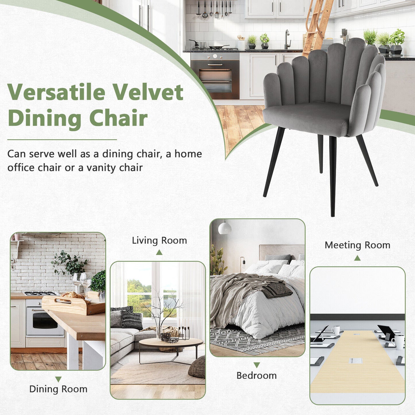 Elegant Velvet Dining Chair with Ergonomic Petal Backrest and Sturdy Metal Base - Grey