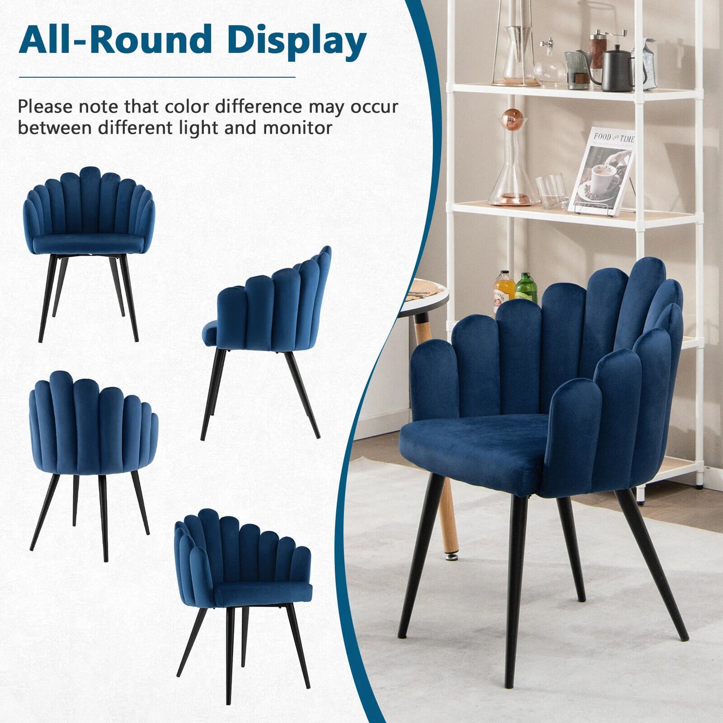 Elegant Velvet Dining Chair with Ergonomic Petal Backrest and Sturdy Metal Base - Blue