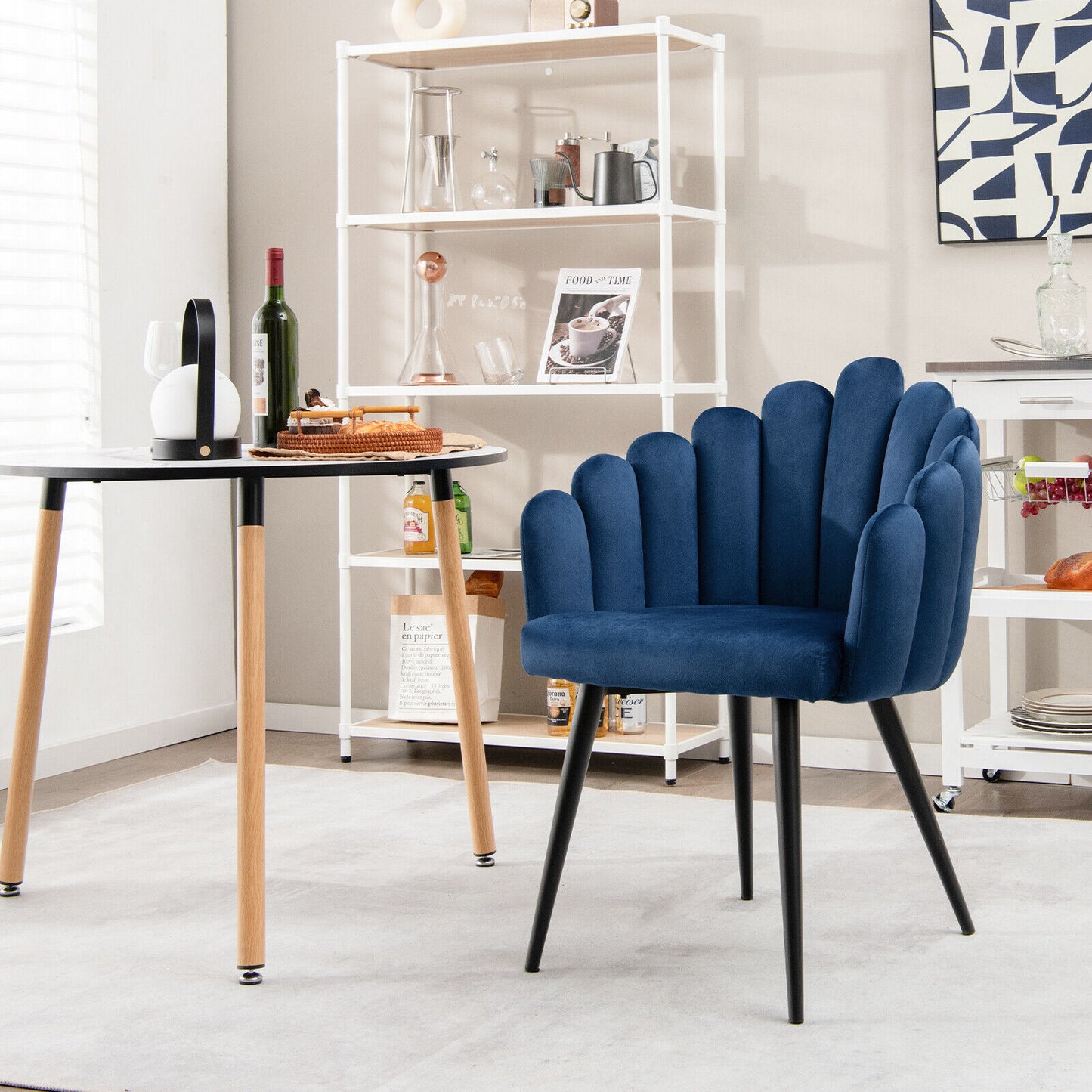 Elegant Velvet Dining Chair with Ergonomic Petal Backrest and Sturdy Metal Base - Blue