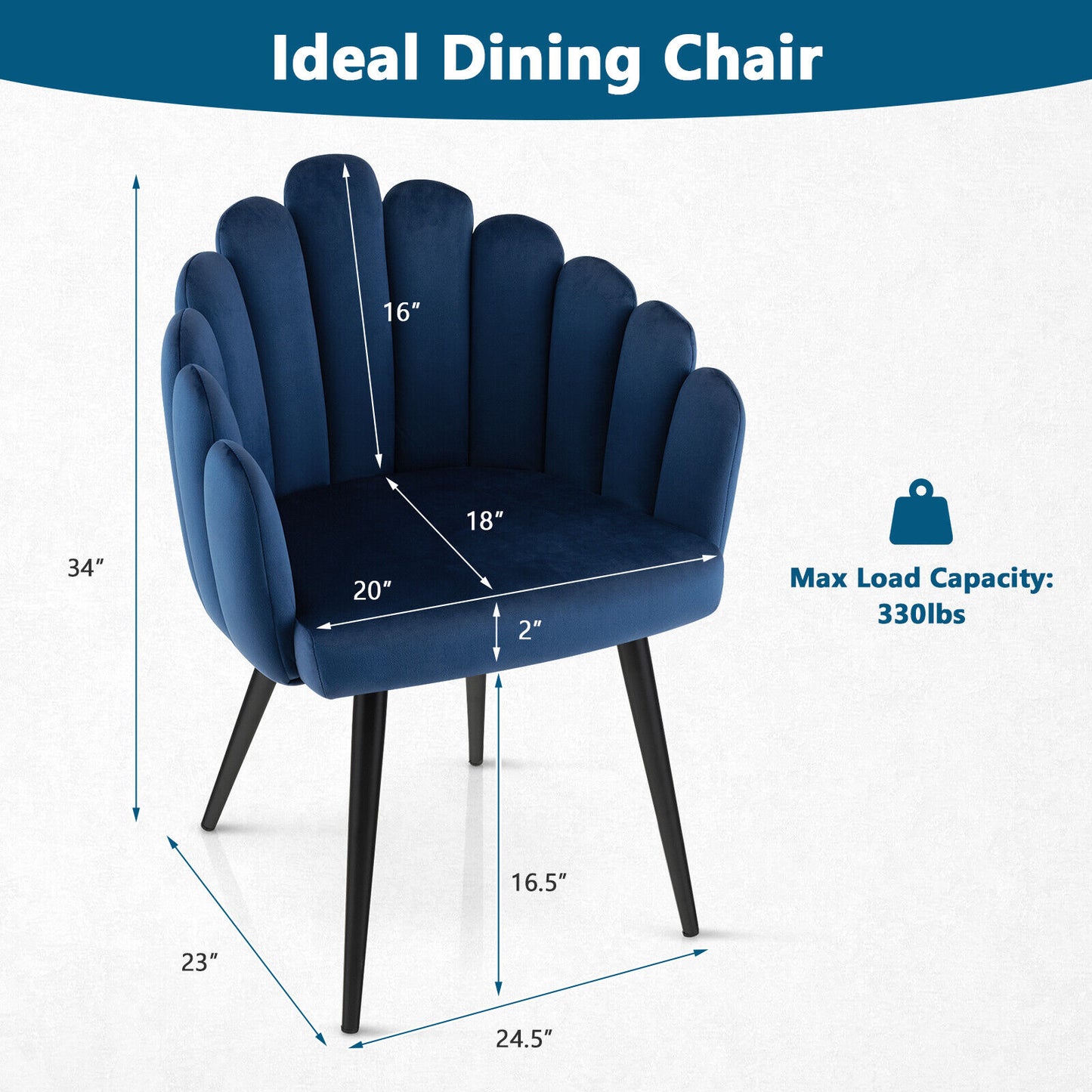Elegant Velvet Dining Chair with Ergonomic Petal Backrest and Sturdy Metal Base - Blue