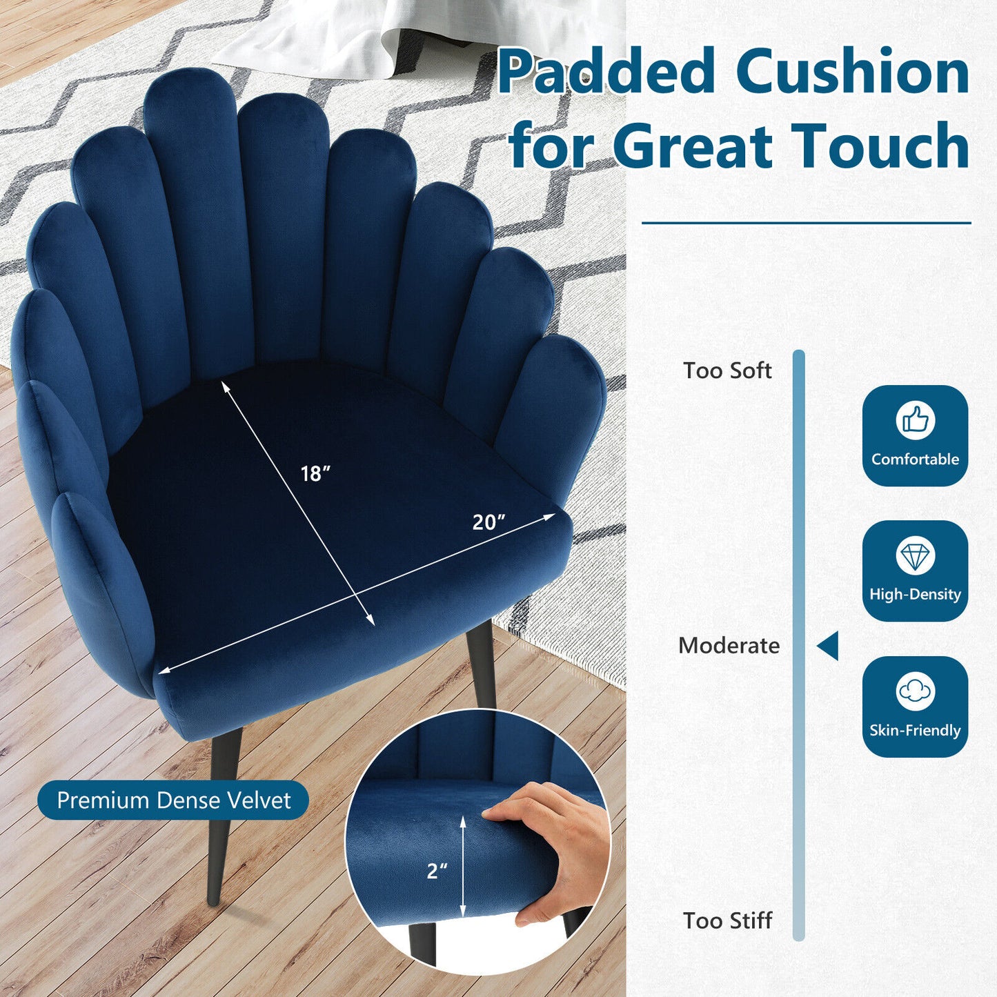 Elegant Velvet Dining Chair with Ergonomic Petal Backrest and Sturdy Metal Base - Blue