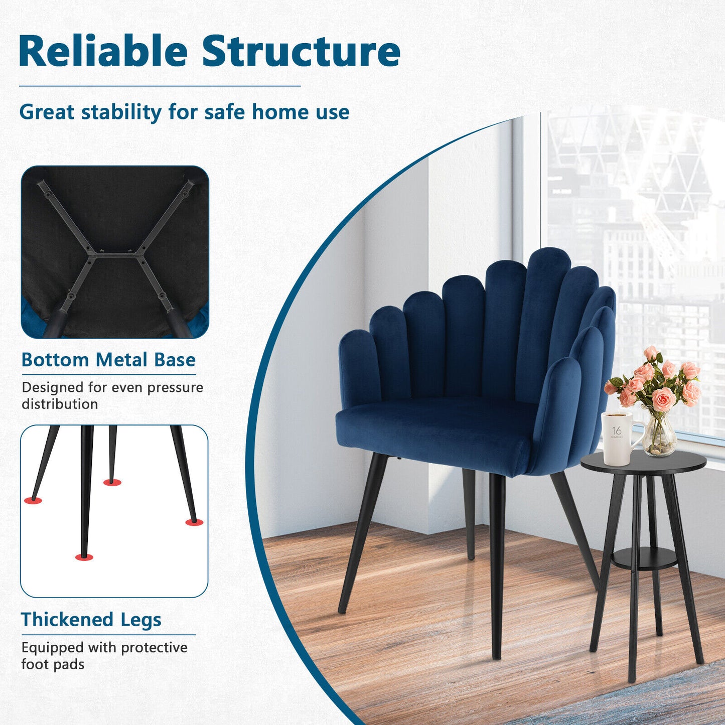 Elegant Velvet Dining Chair with Ergonomic Petal Backrest and Sturdy Metal Base - Blue