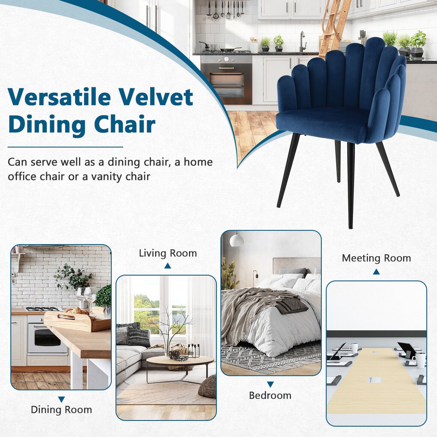 Elegant Velvet Dining Chair with Ergonomic Petal Backrest and Sturdy Metal Base - Blue