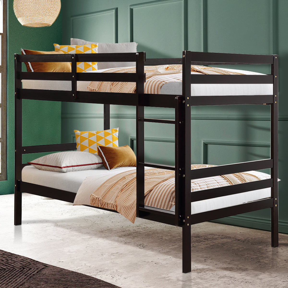 Solid Hardwood Twin Bunk Bed for Kids - Brown