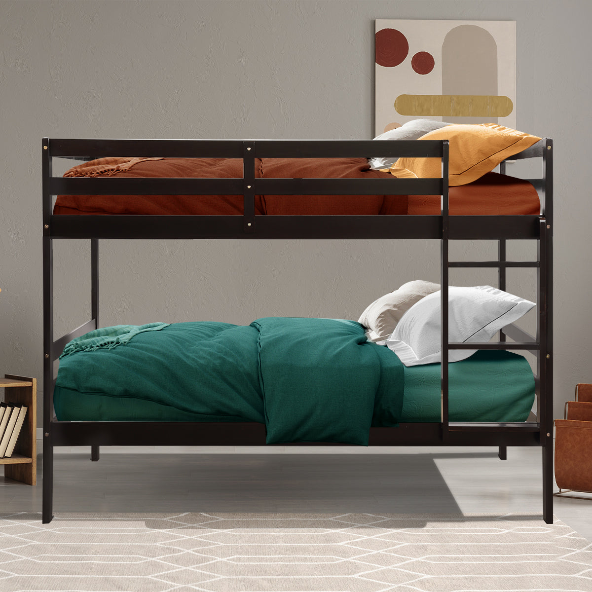 Solid Hardwood Twin Bunk Bed for Kids - Brown