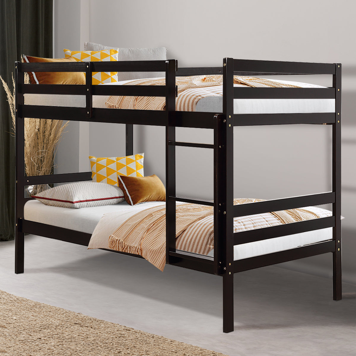Solid Hardwood Twin Bunk Bed for Kids - Brown