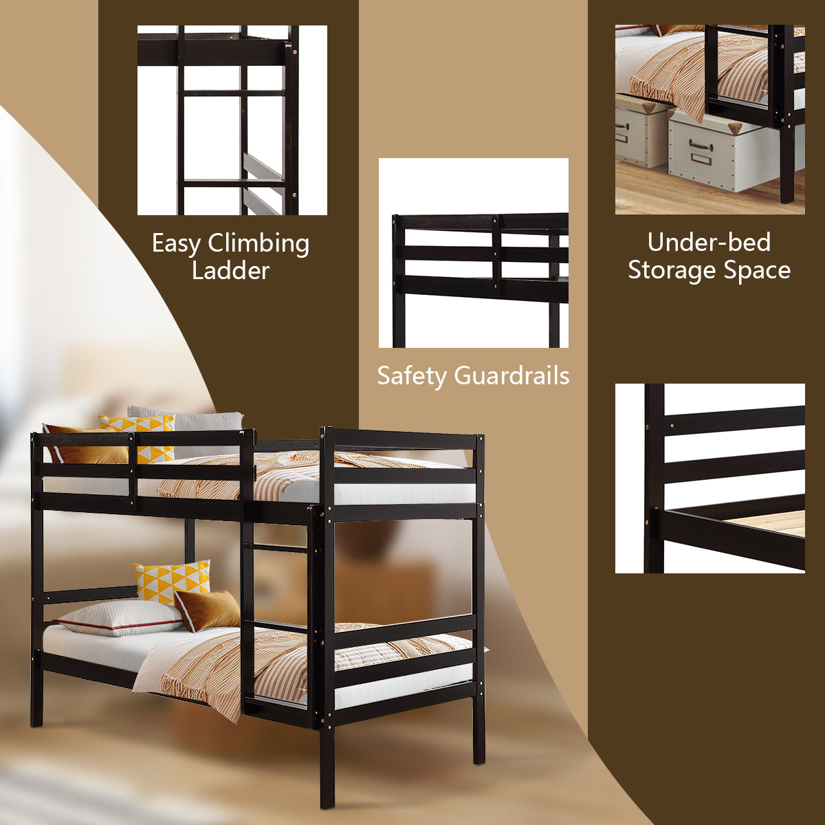 Solid Hardwood Twin Bunk Bed for Kids - Brown