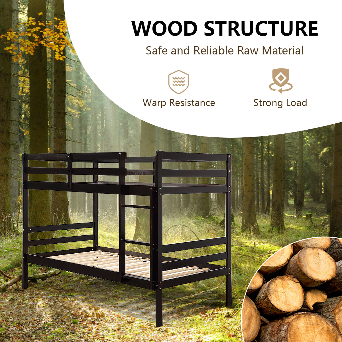 Solid Hardwood Twin Bunk Bed for Kids - Brown