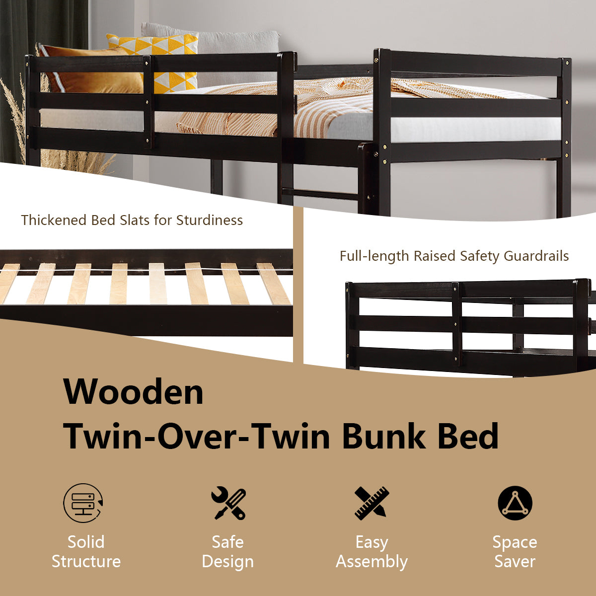Solid Hardwood Twin Bunk Bed for Kids - Brown