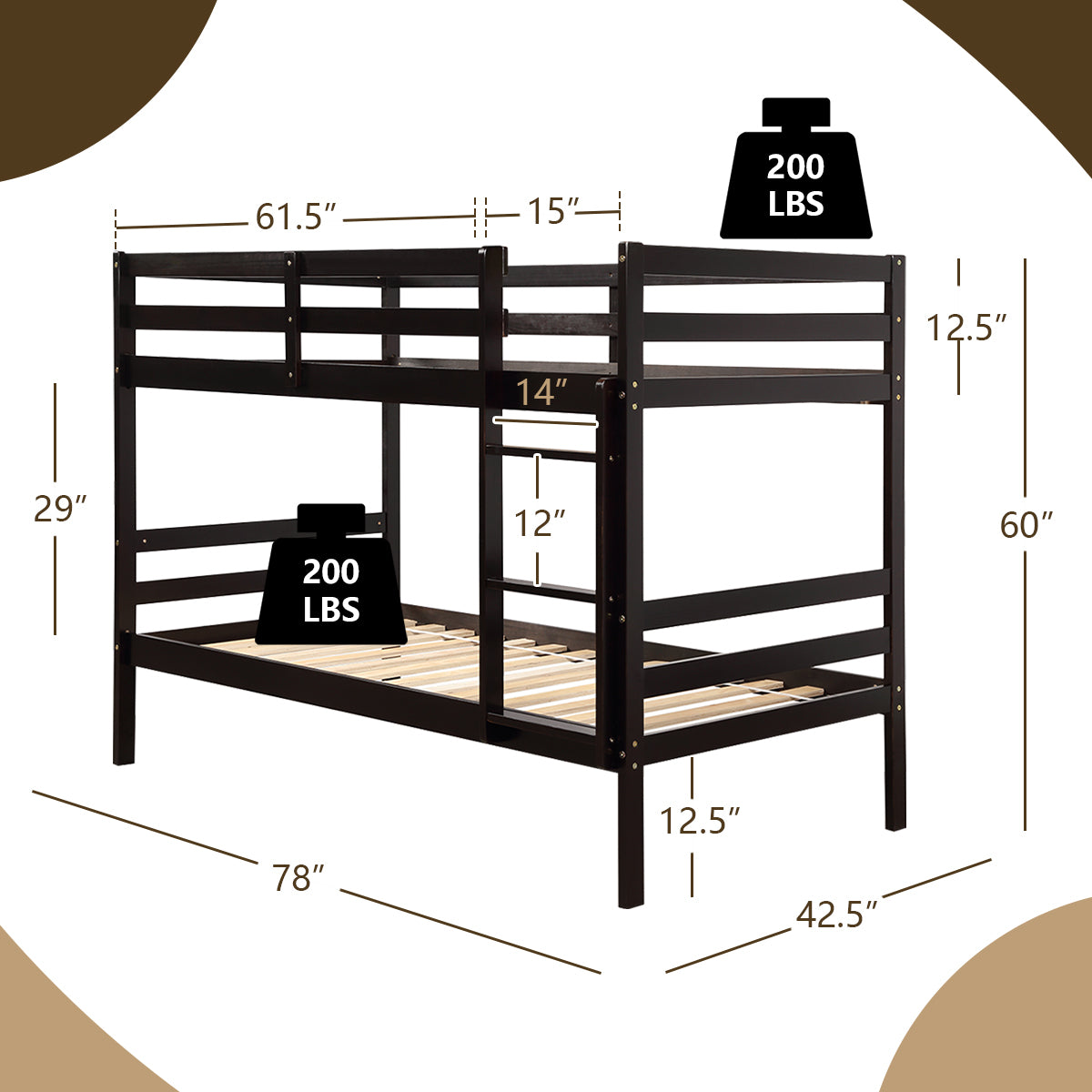 Solid Hardwood Twin Bunk Bed for Kids - Brown