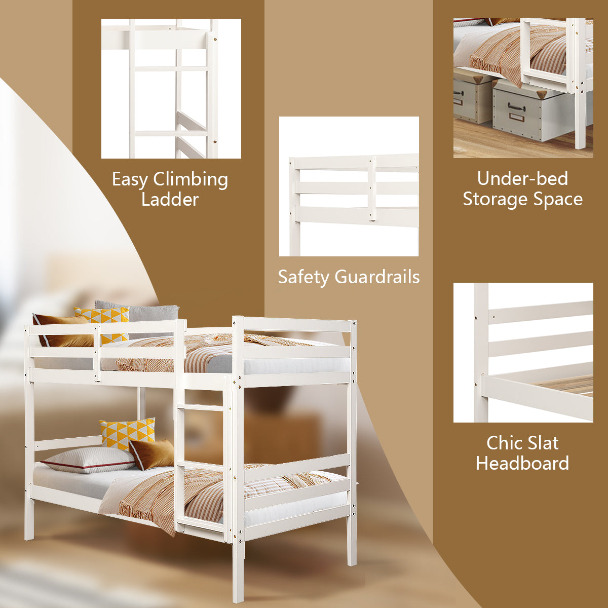 Solid Hardwood Twin Bunk Bed for Kids - White