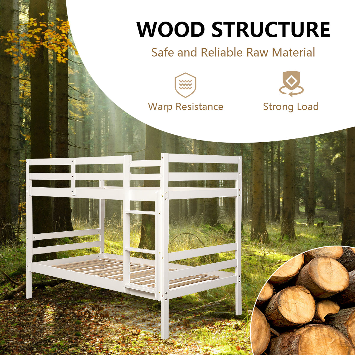 Solid Hardwood Twin Bunk Bed for Kids - White