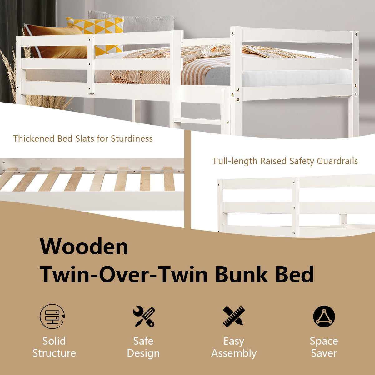 Solid Hardwood Twin Bunk Bed for Kids - White