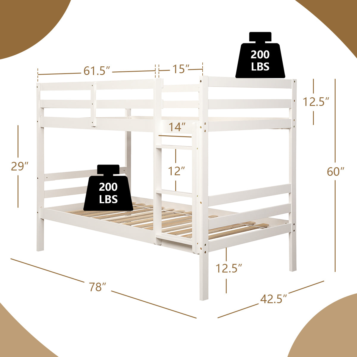 Solid Hardwood Twin Bunk Bed for Kids - White