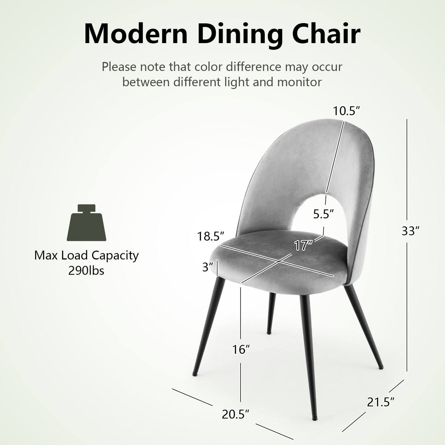 Set of 2 Velvet Dining Chairs with Metal Frame & Adjustable Foot Pads - Grey