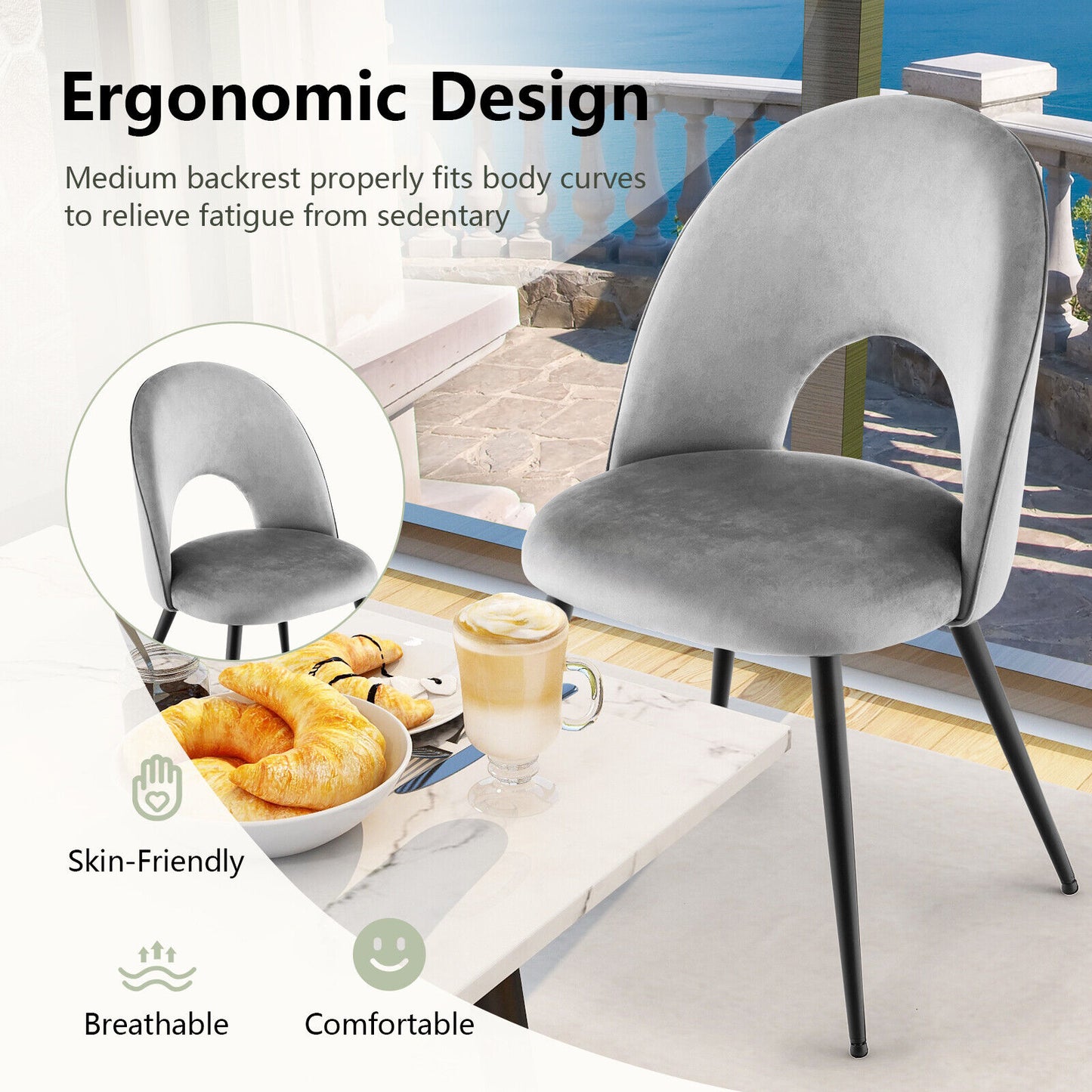 Set of 2 Velvet Dining Chairs with Metal Frame & Adjustable Foot Pads - Grey