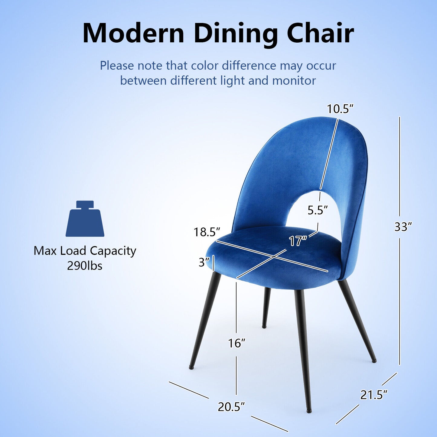 Set of 2 Velvet Dining Chairs with Metal Frame & Adjustable Foot Pads - Blue