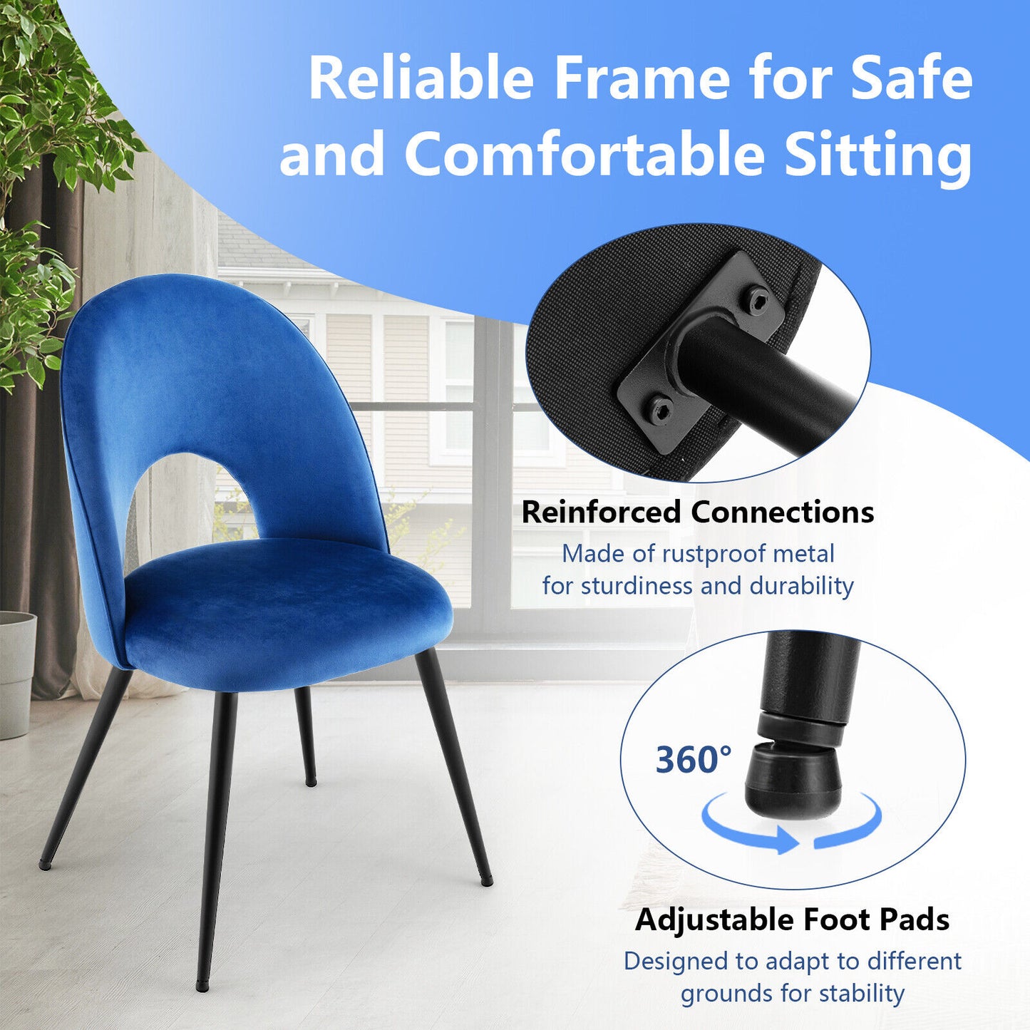 Set of 2 Velvet Dining Chairs with Metal Frame & Adjustable Foot Pads - Blue