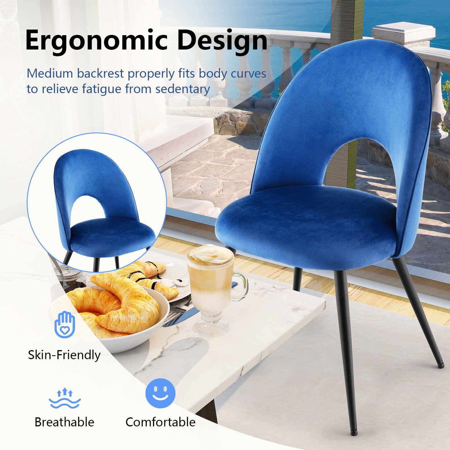 Set of 2 Velvet Dining Chairs with Metal Frame & Adjustable Foot Pads - Blue