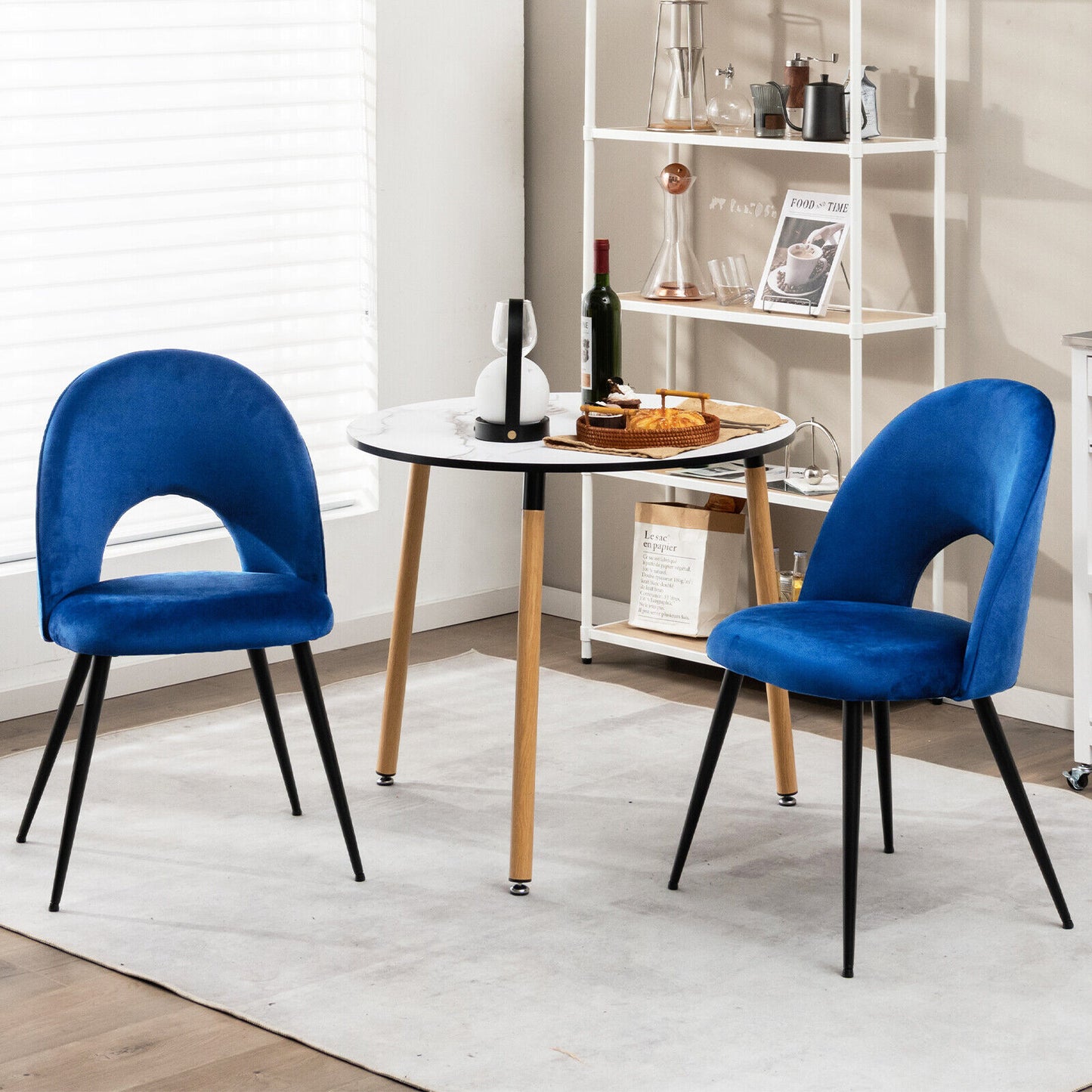 Set of 2 Velvet Dining Chairs with Metal Frame & Adjustable Foot Pads - Blue
