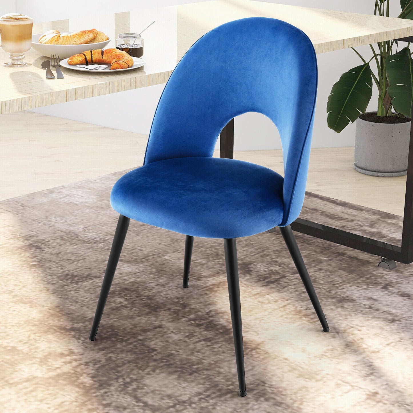 Set of 2 Velvet Dining Chairs with Metal Frame & Adjustable Foot Pads - Blue
