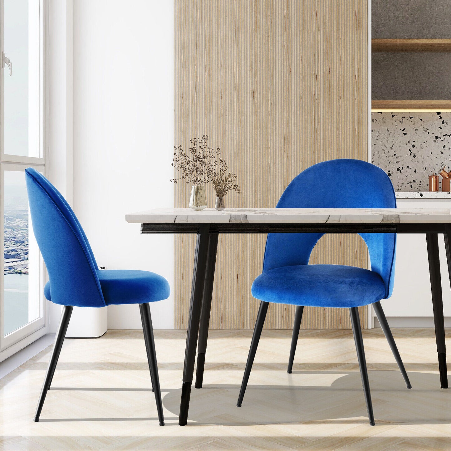 Set of 2 Velvet Dining Chairs with Metal Frame & Adjustable Foot Pads - Blue