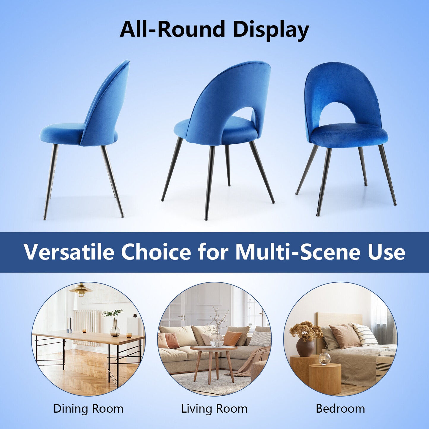 Set of 2 Velvet Dining Chairs with Metal Frame & Adjustable Foot Pads - Blue