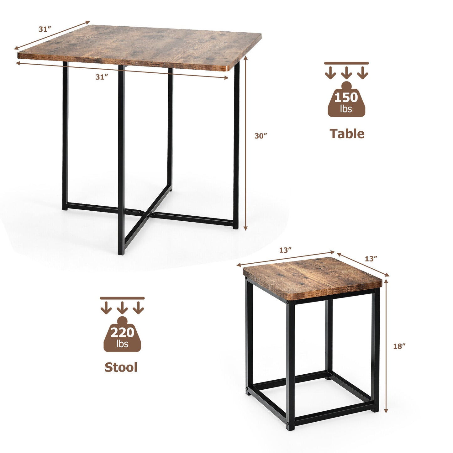 5-Piece Dining Set with Metal Frame Table and 4 Stools Walnut Wood Finish