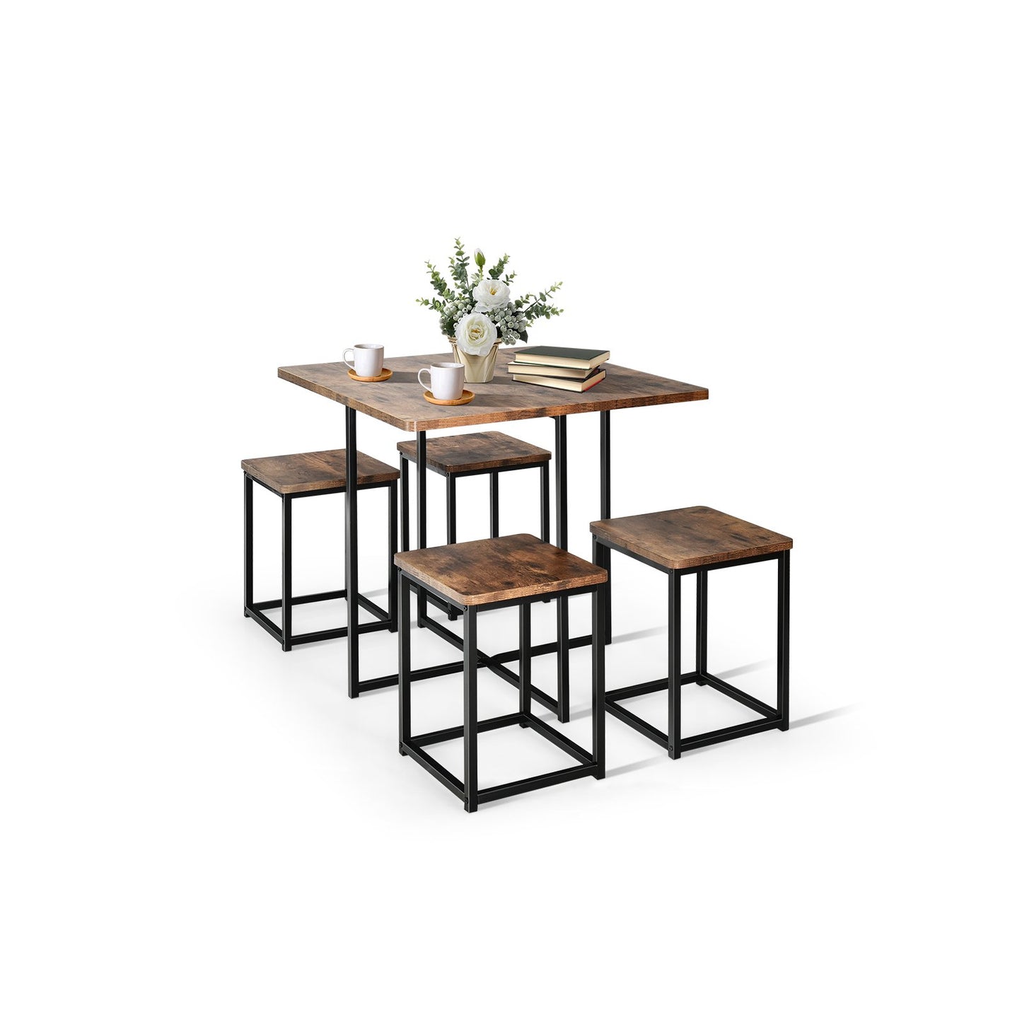 5-Piece Dining Set with Metal Frame Table and 4 Stools Walnut Wood Finish