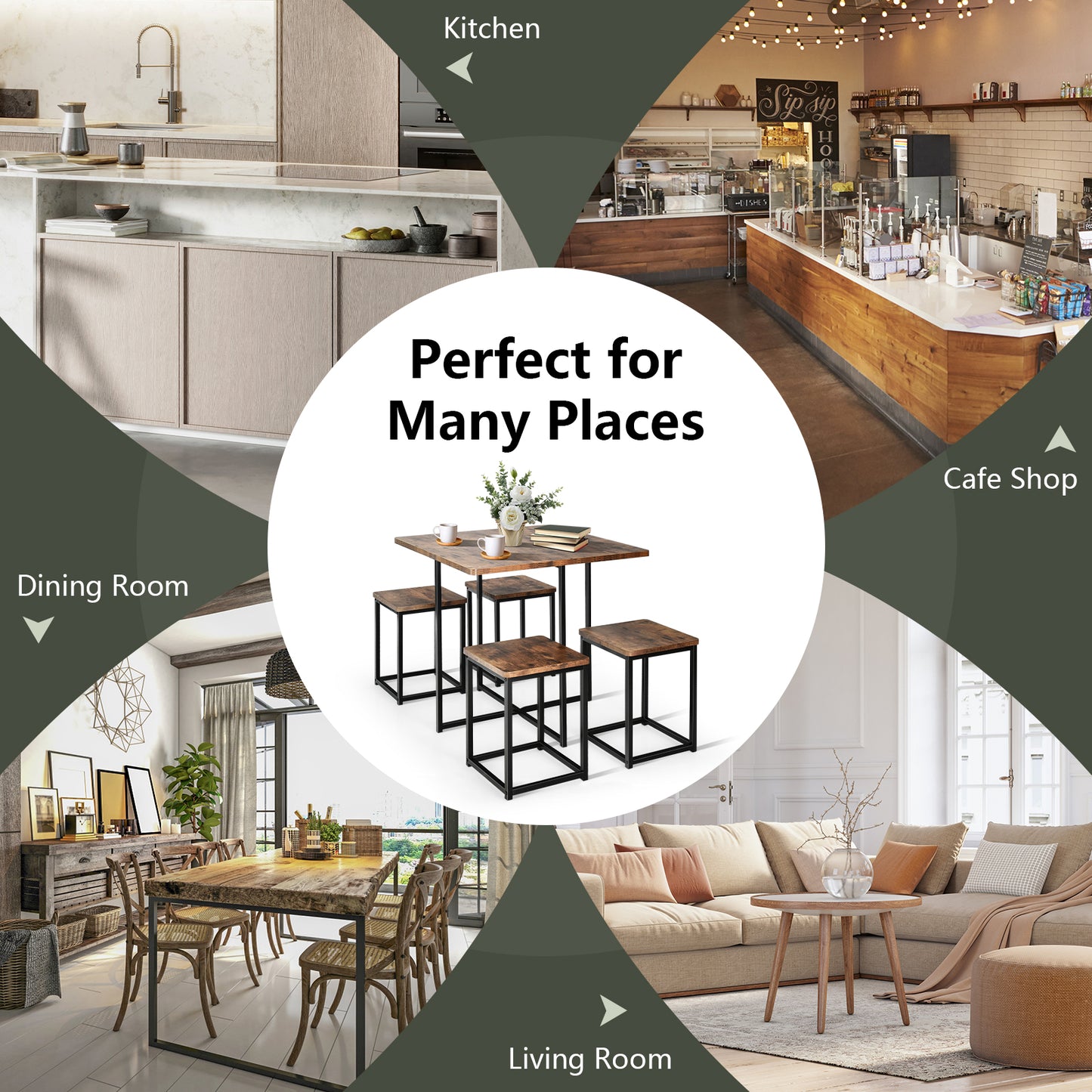 5-Piece Dining Set with Metal Frame Table and 4 Stools Walnut Wood Finish