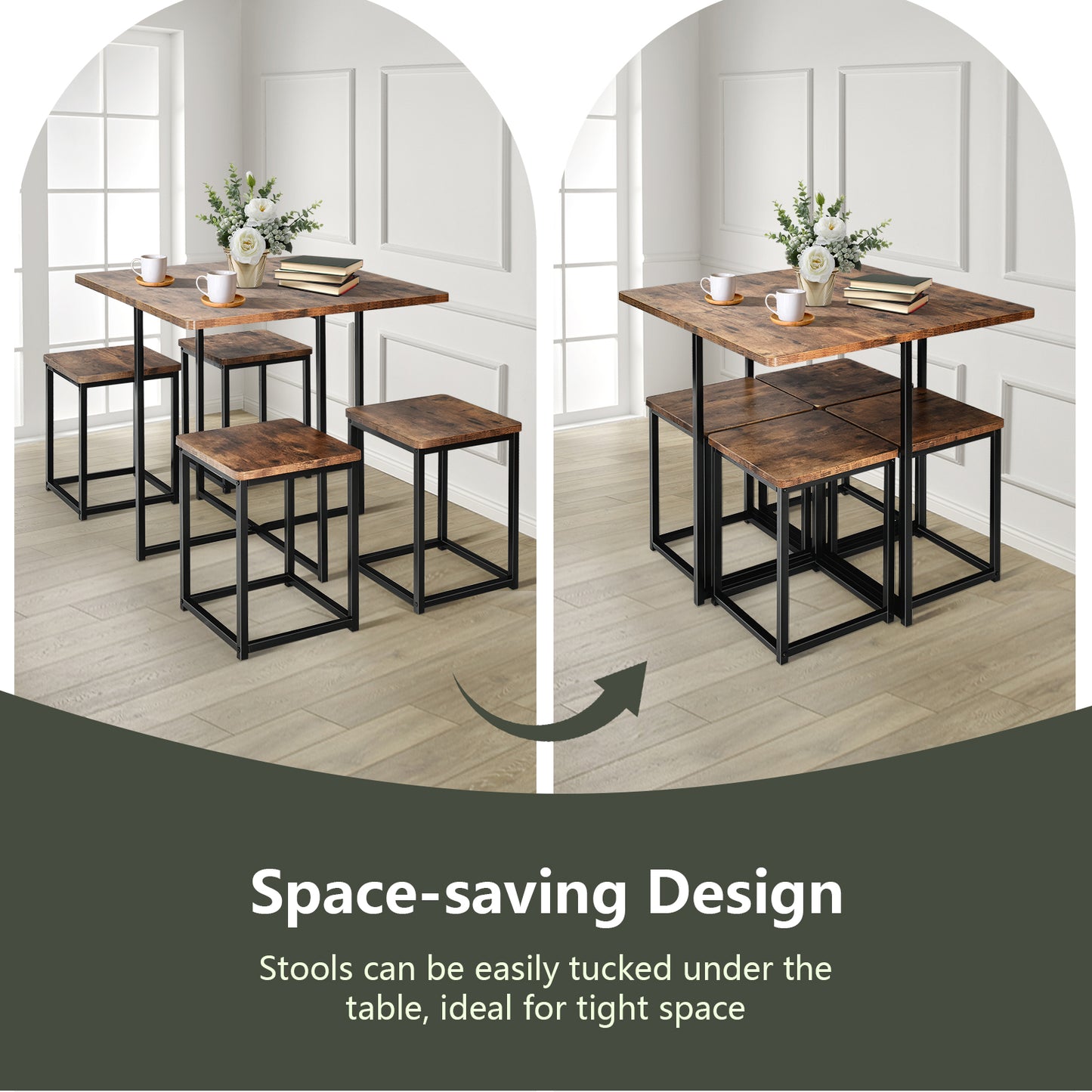 5-Piece Dining Set with Metal Frame Table and 4 Stools Walnut Wood Finish