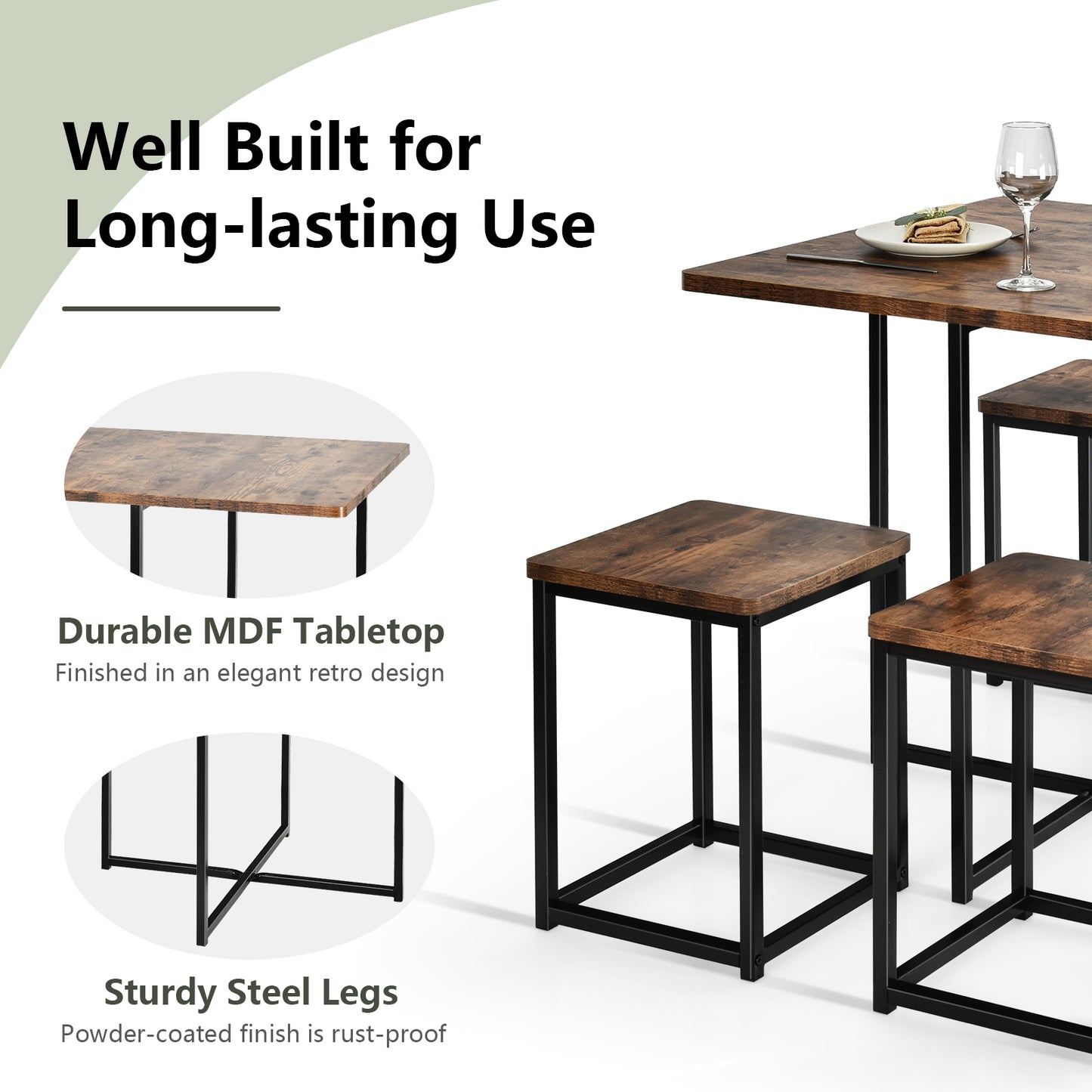 5-Piece Dining Set with Metal Frame Table and 4 Stools Walnut Wood Finish