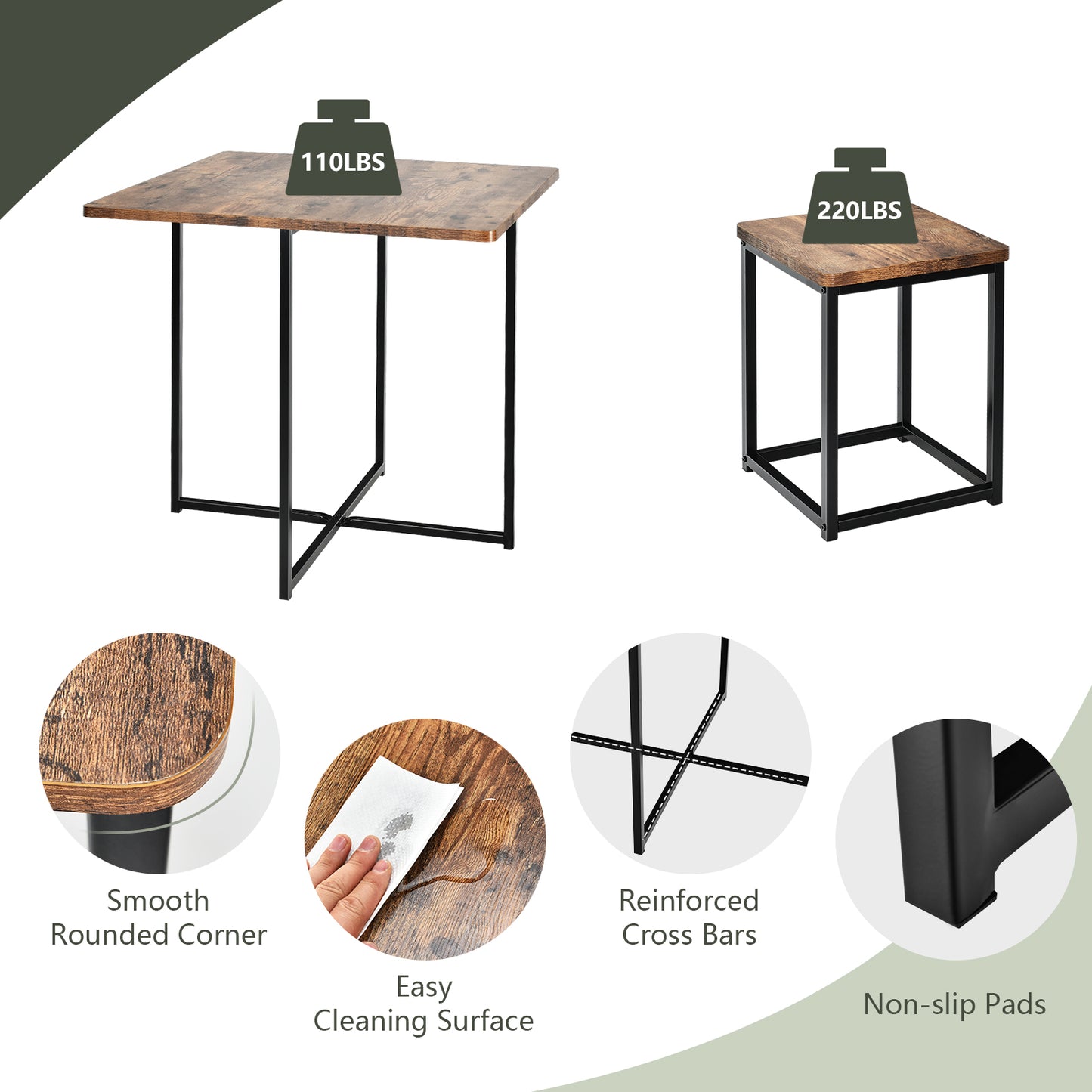 5-Piece Dining Set with Metal Frame Table and 4 Stools Walnut Wood Finish