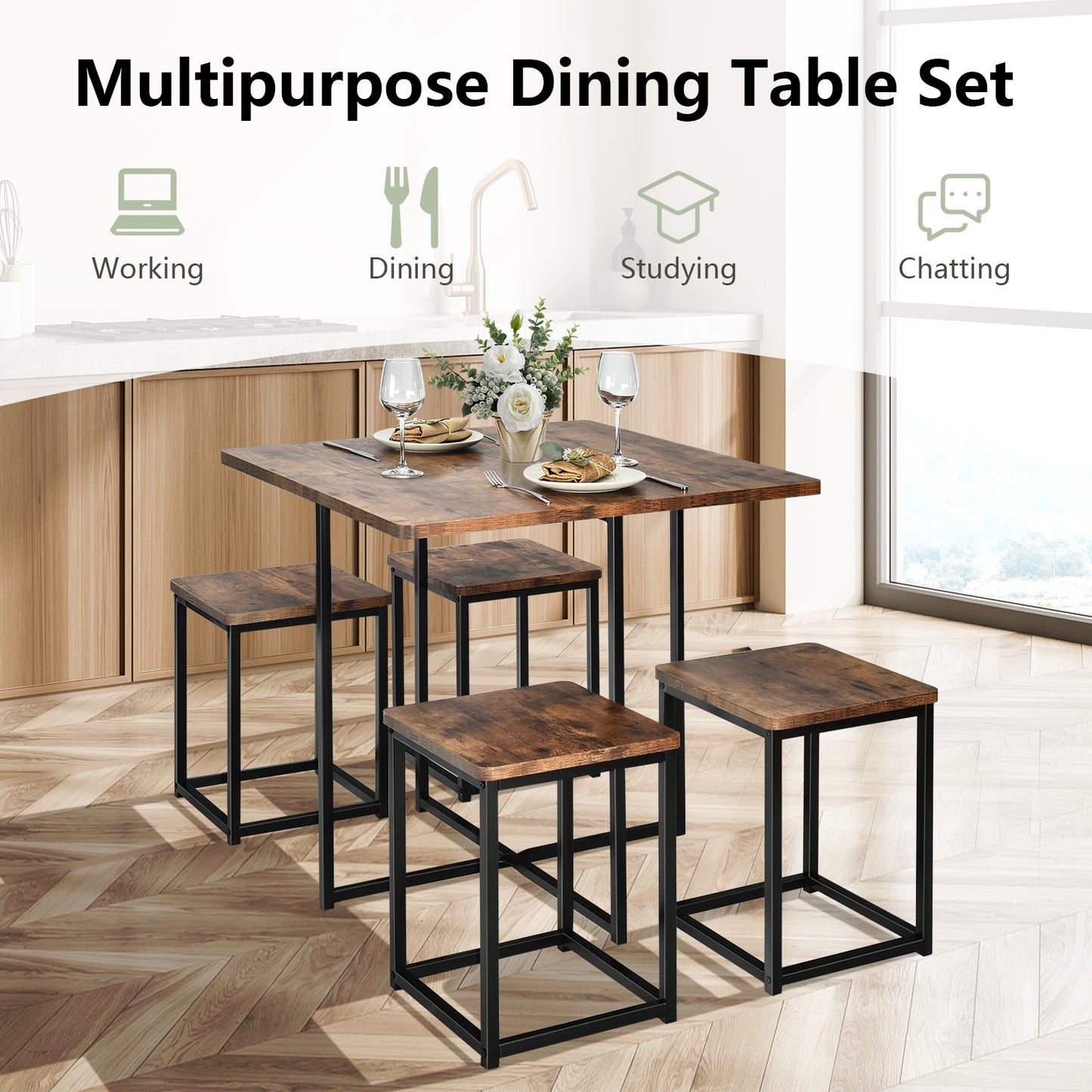 5-Piece Dining Set with Metal Frame Table and 4 Stools Walnut Wood Finish