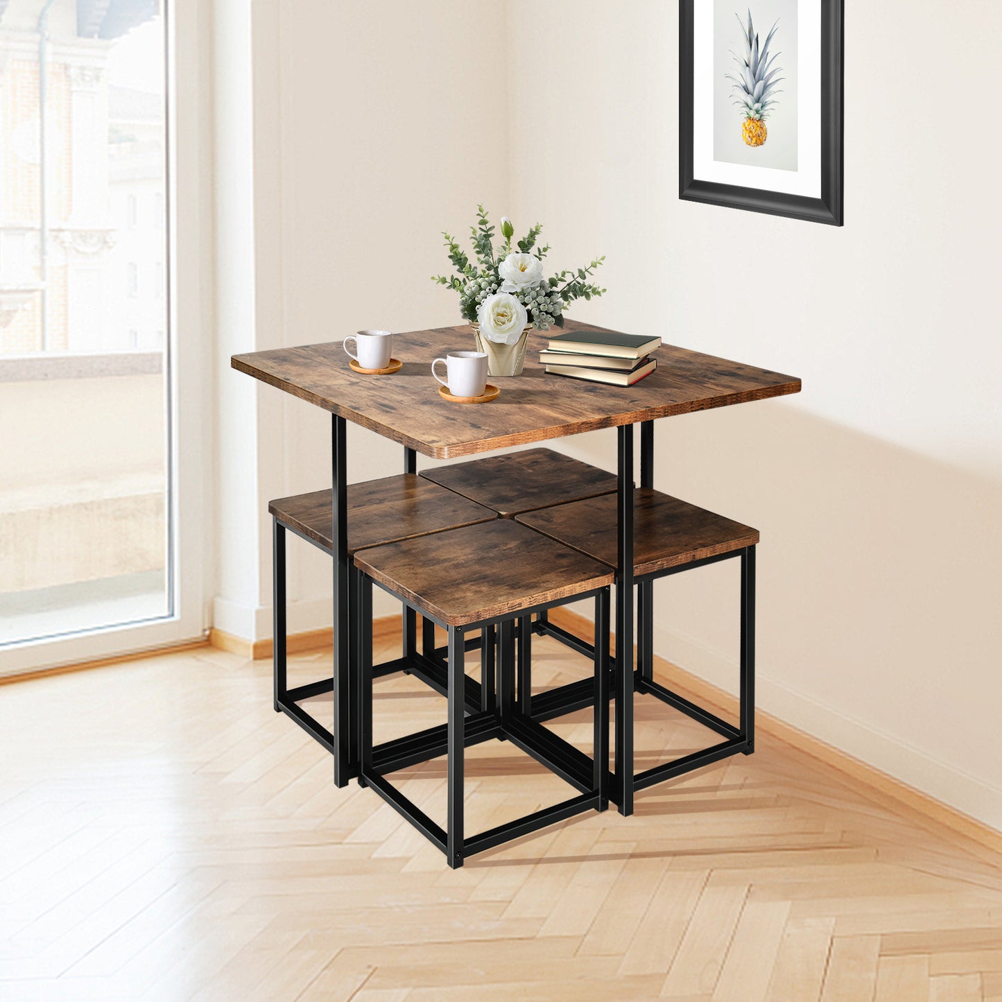 5-Piece Dining Set with Metal Frame Table and 4 Stools Walnut Wood Finish