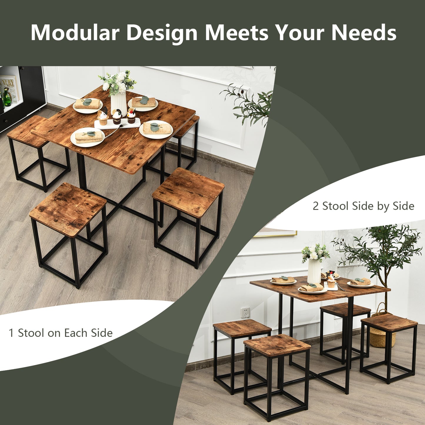 5-Piece Dining Set with Metal Frame Table and 4 Stools Walnut Wood Finish