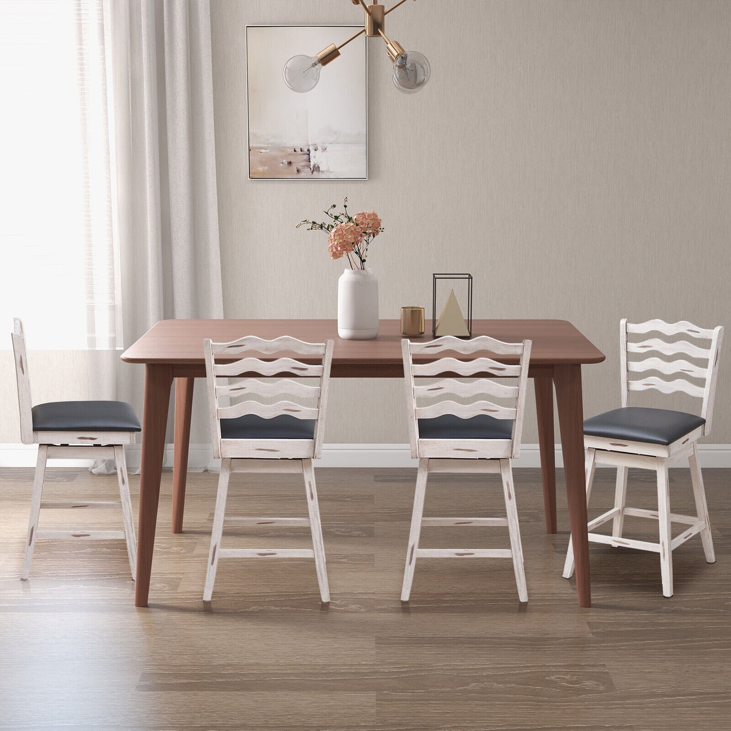Pair of 25 Inch Swivel Bar Stools with Rubber Wood Frame and Ergonomic Backrest with Footrest