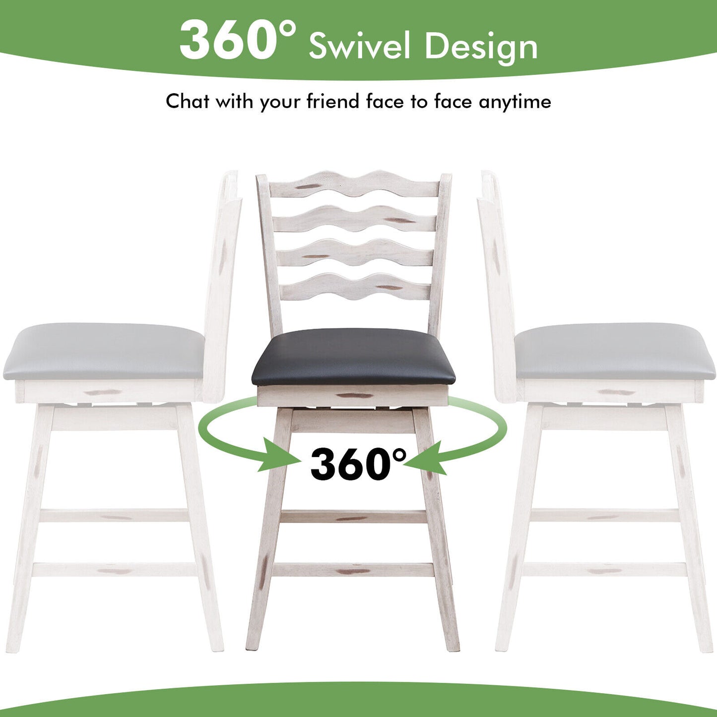 Pair of 25 Inch Swivel Bar Stools with Rubber Wood Frame and Ergonomic Backrest with Footrest