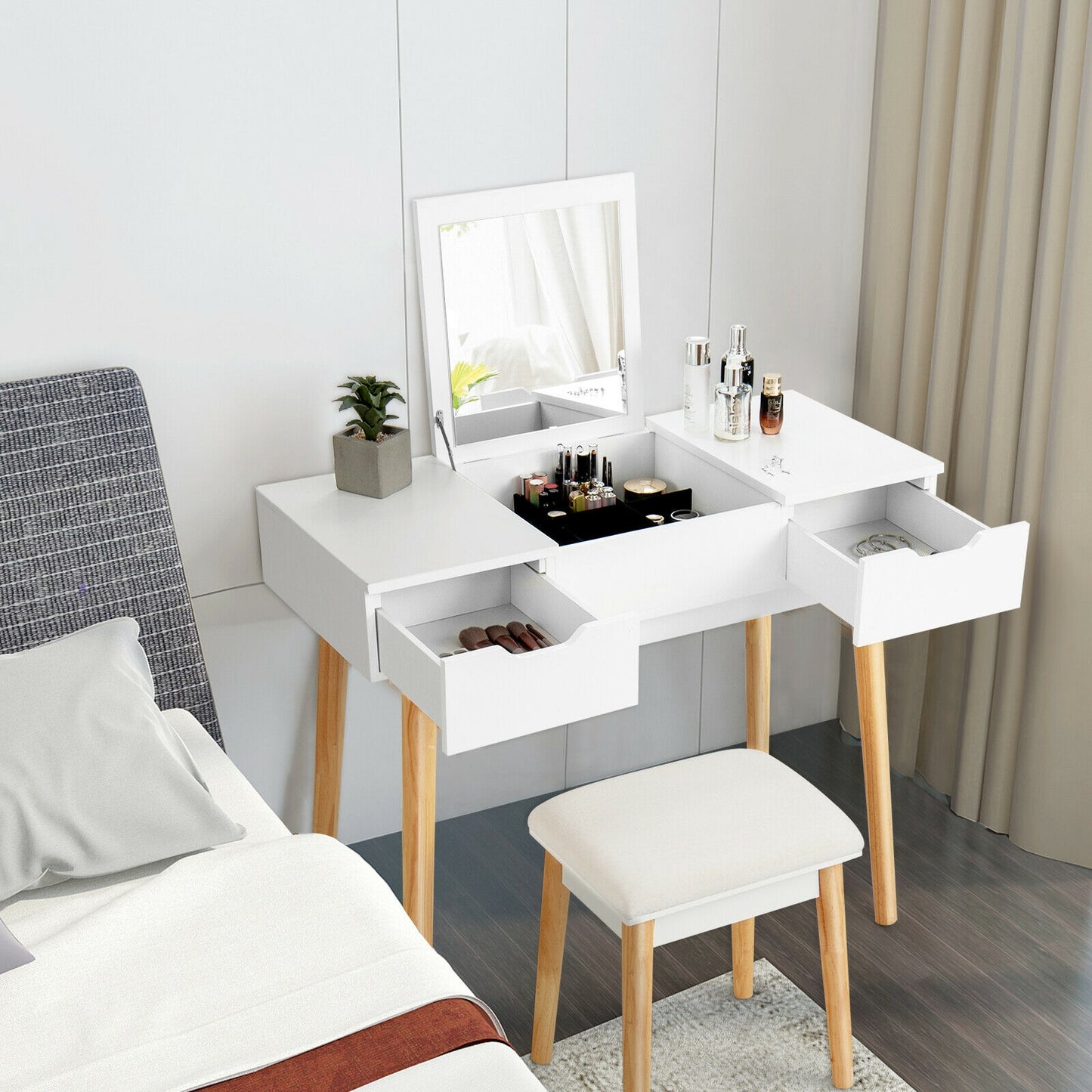 2-in-1 Makeup Vanity Desk with Flip Mirror, Storage Drawers, and Upholstered Stool – White