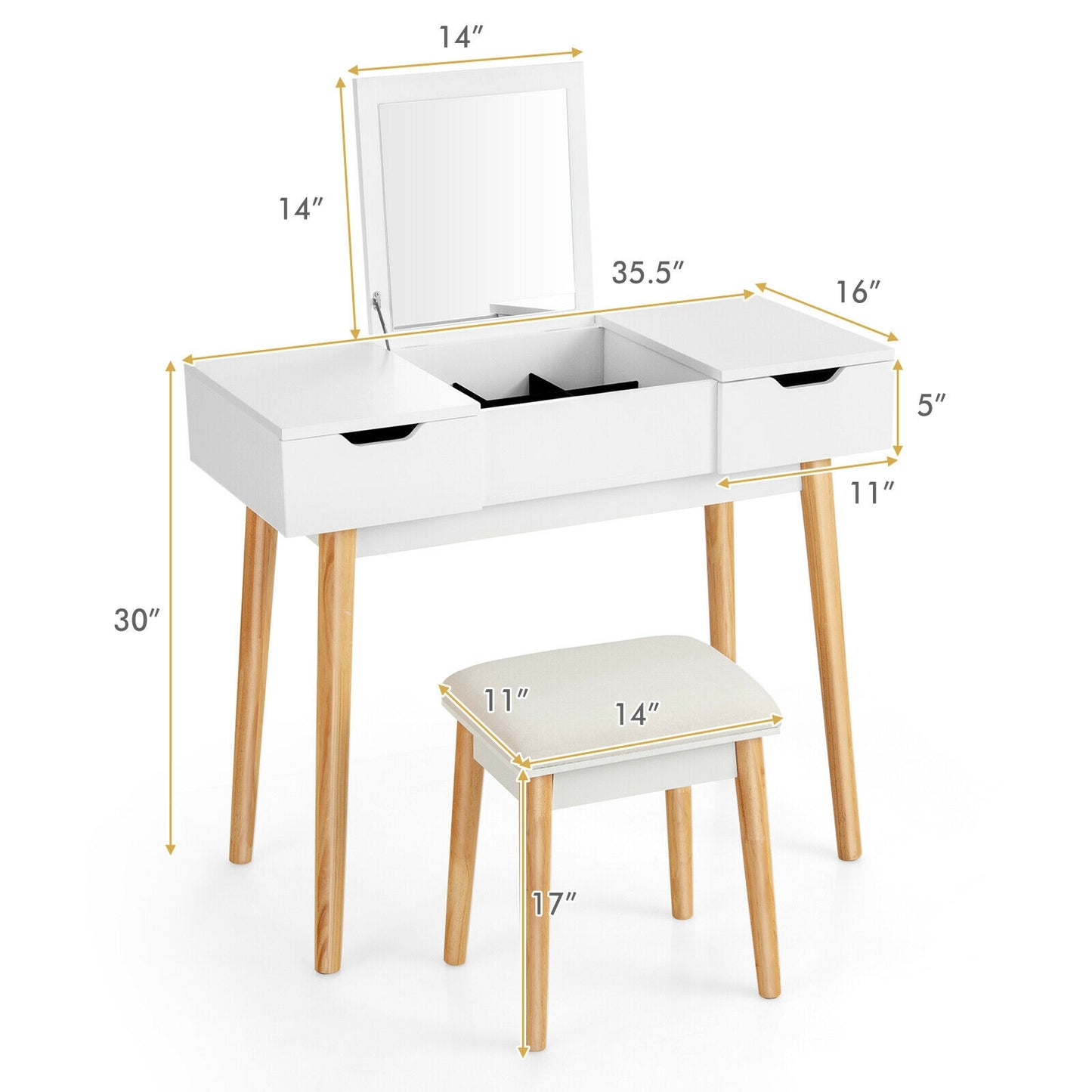 2-in-1 Makeup Vanity Desk with Flip Mirror, Storage Drawers, and Upholstered Stool – White