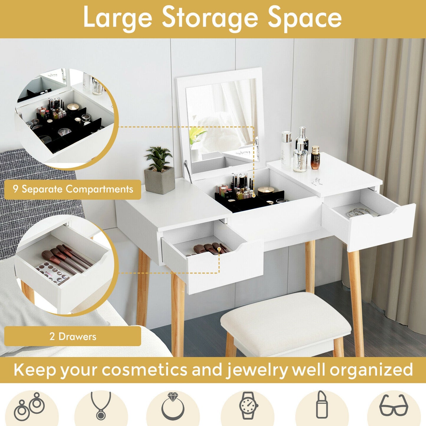 2-in-1 Makeup Vanity Desk with Flip Mirror, Storage Drawers, and Upholstered Stool – White