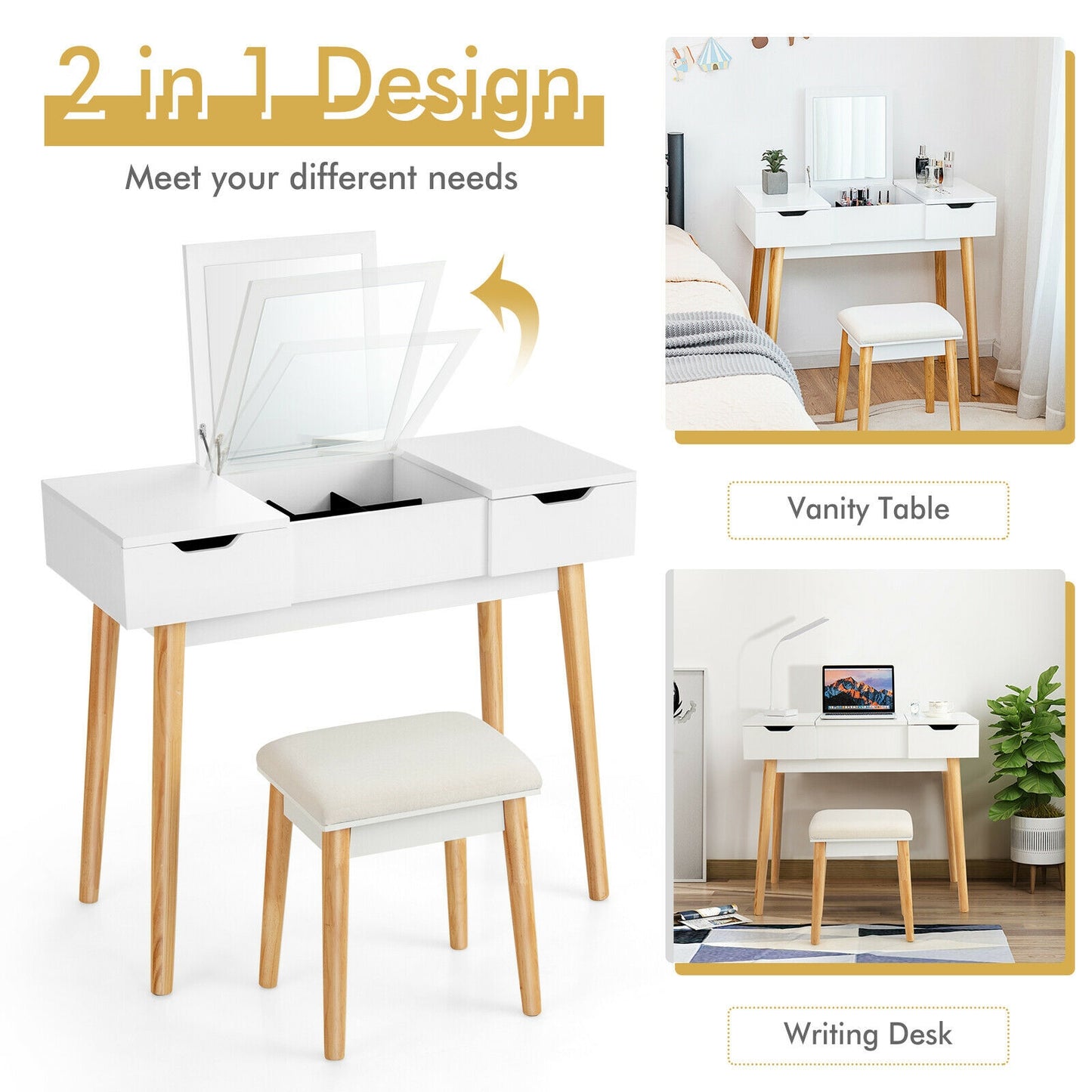 2-in-1 Makeup Vanity Desk with Flip Mirror, Storage Drawers, and Upholstered Stool – White