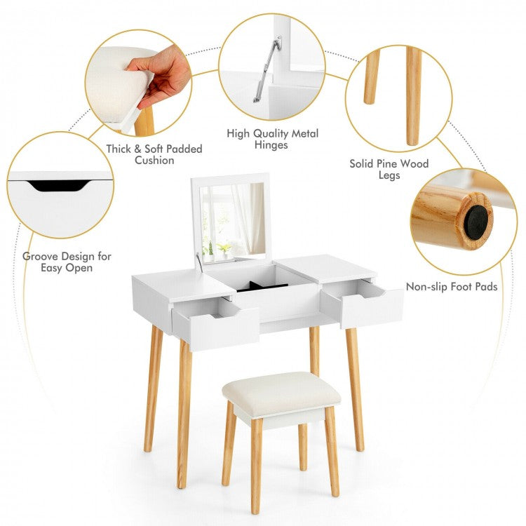 2-in-1 Makeup Vanity Desk with Flip Mirror, Storage Drawers, and Upholstered Stool – White