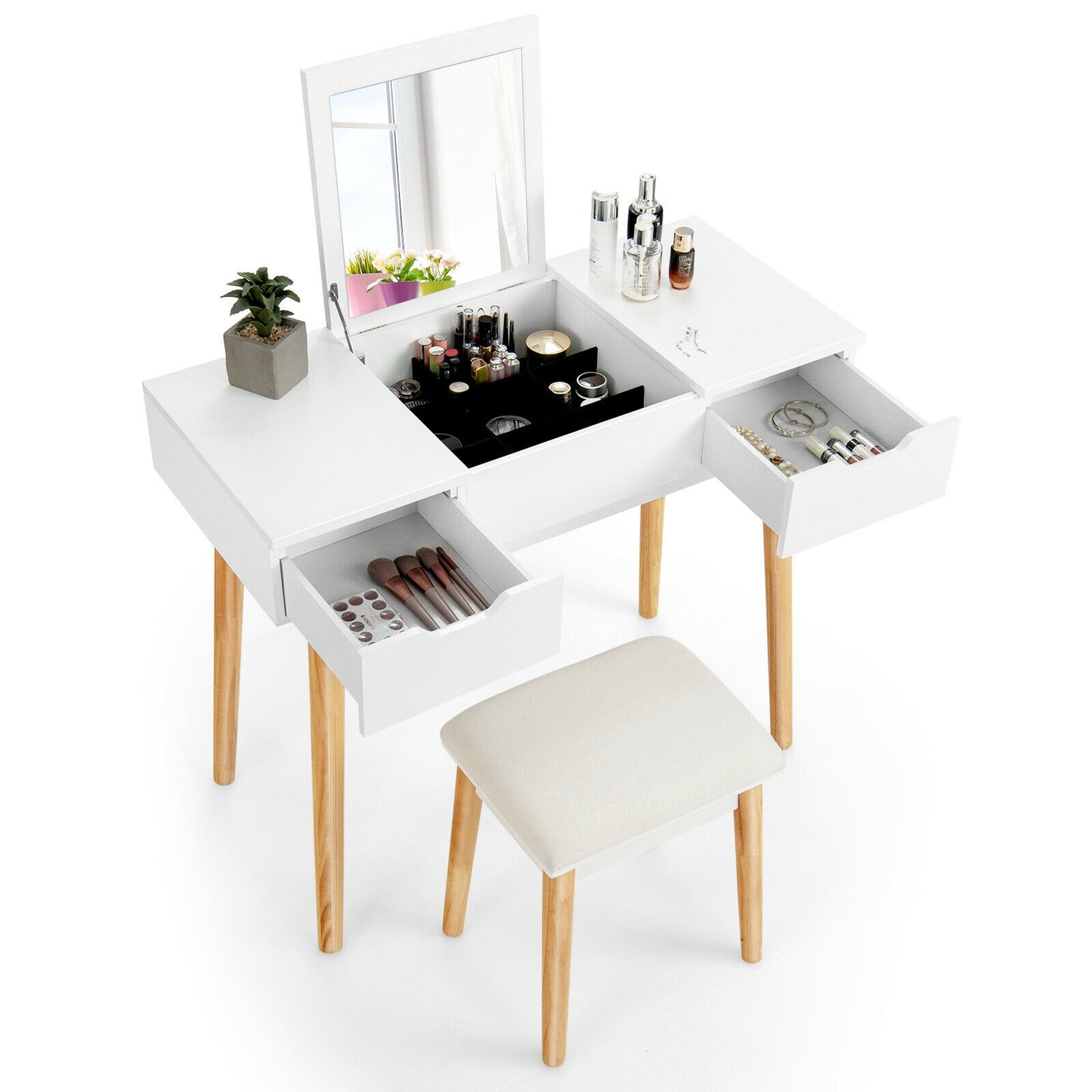 2-in-1 Makeup Vanity Desk with Flip Mirror, Storage Drawers, and Upholstered Stool – White