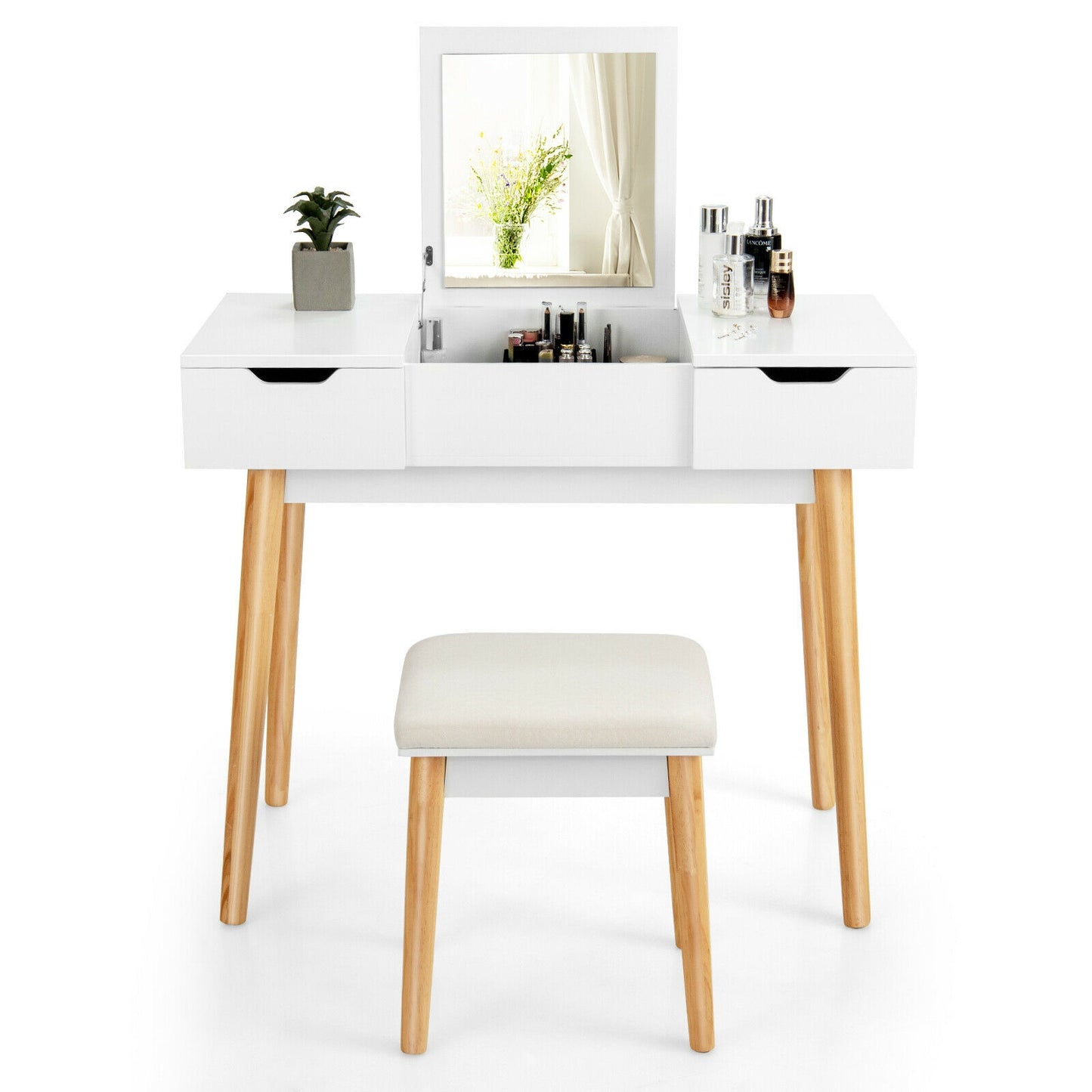 2-in-1 Makeup Vanity Desk with Flip Mirror, Storage Drawers, and Upholstered Stool – White