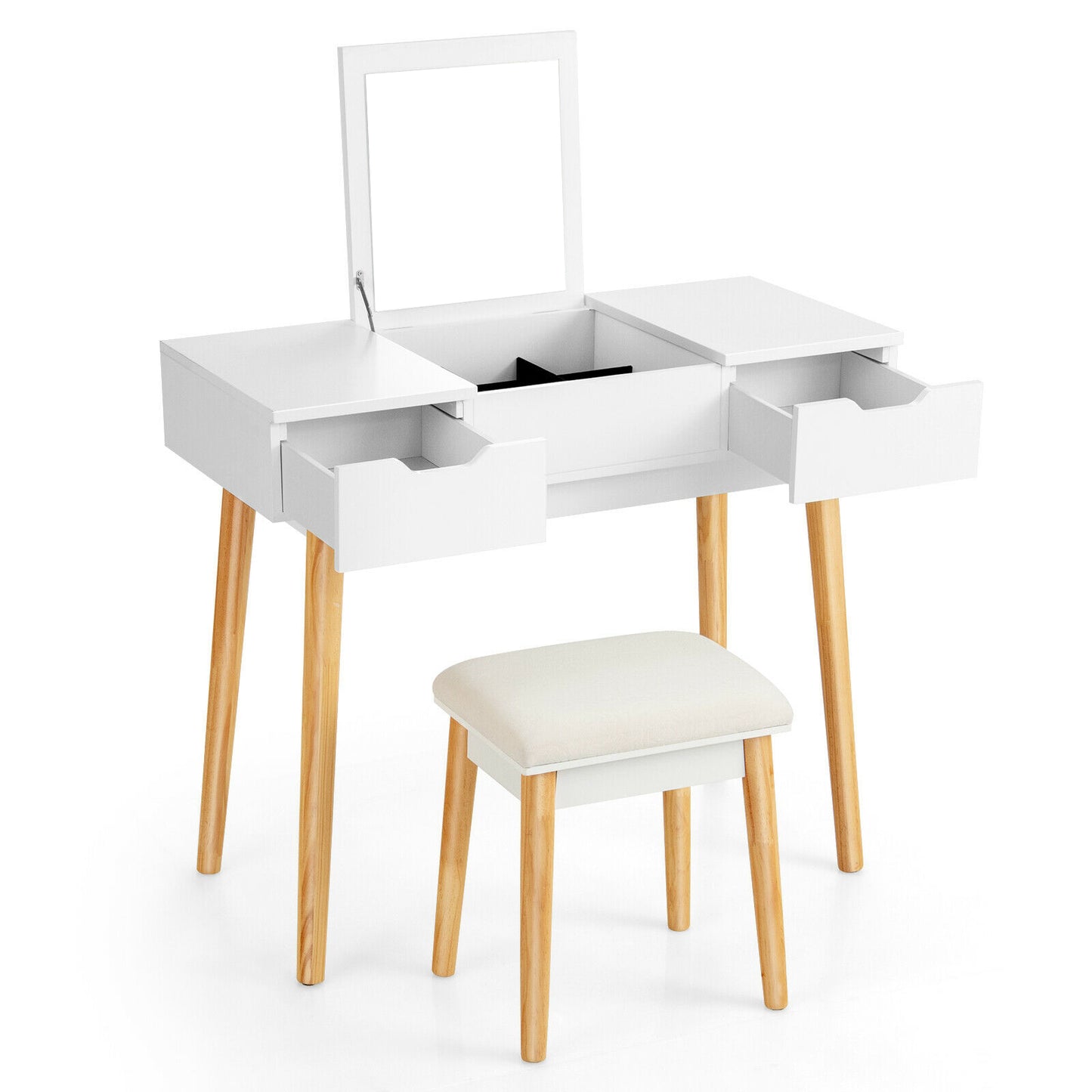 2-in-1 Makeup Vanity Desk with Flip Mirror, Storage Drawers, and Upholstered Stool – White