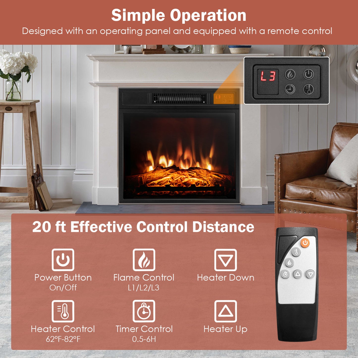 18 Inch Electric Fireplace Insert with Adjustable LED Flame Effects