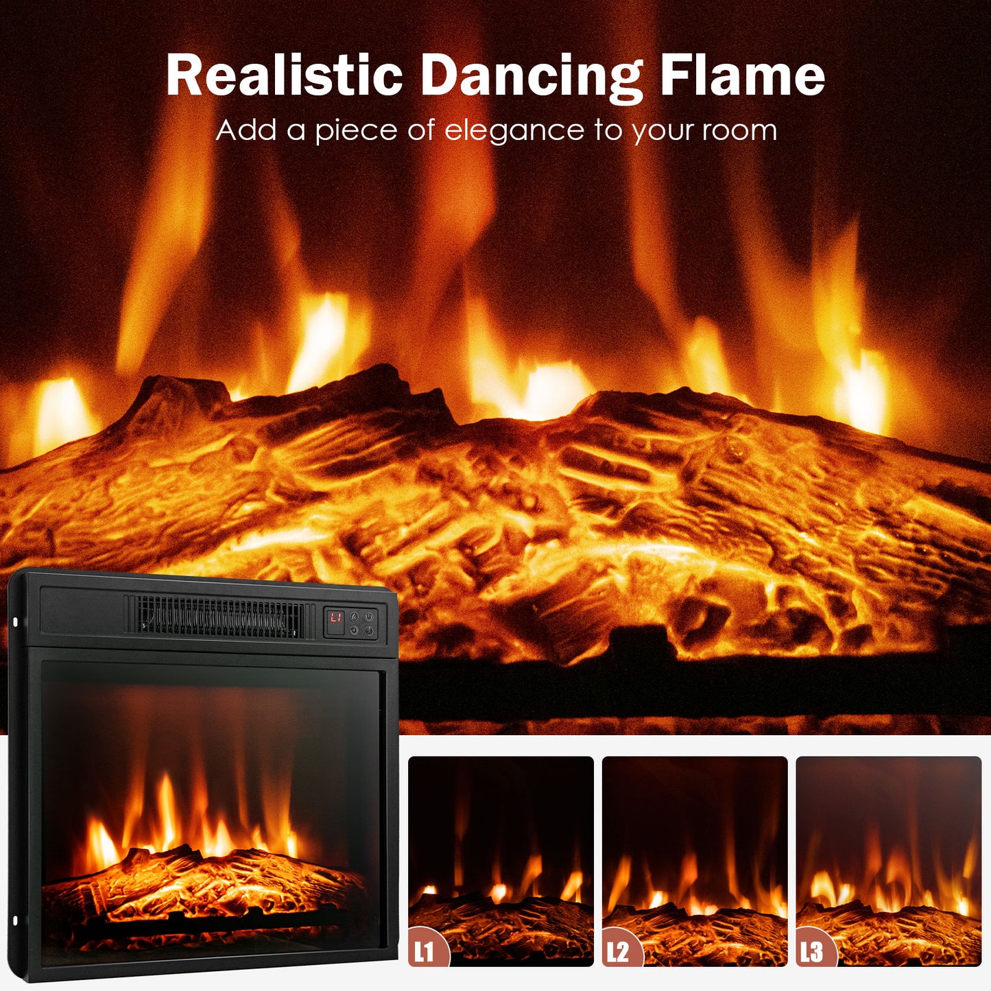 18 Inch Electric Fireplace Insert with Adjustable LED Flame Effects